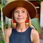 Guatemalan Mayan Textile Statement Earrings with Handmade Clay Beads, dark orange square