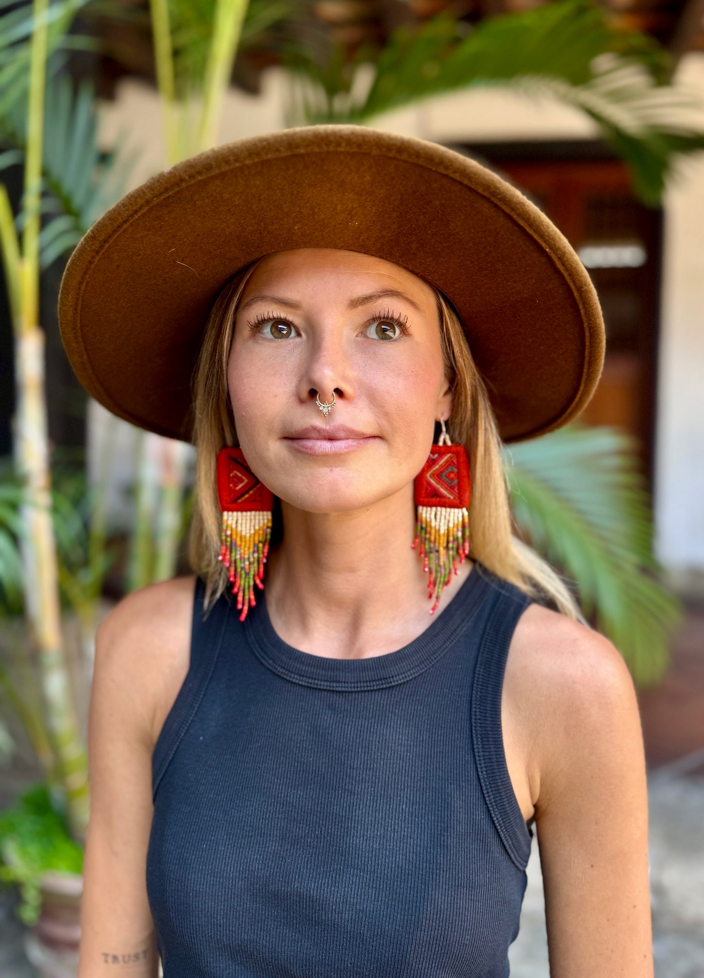 Guatemalan Mayan Textile Statement Earrings with Handmade Clay Beads, dark orange square