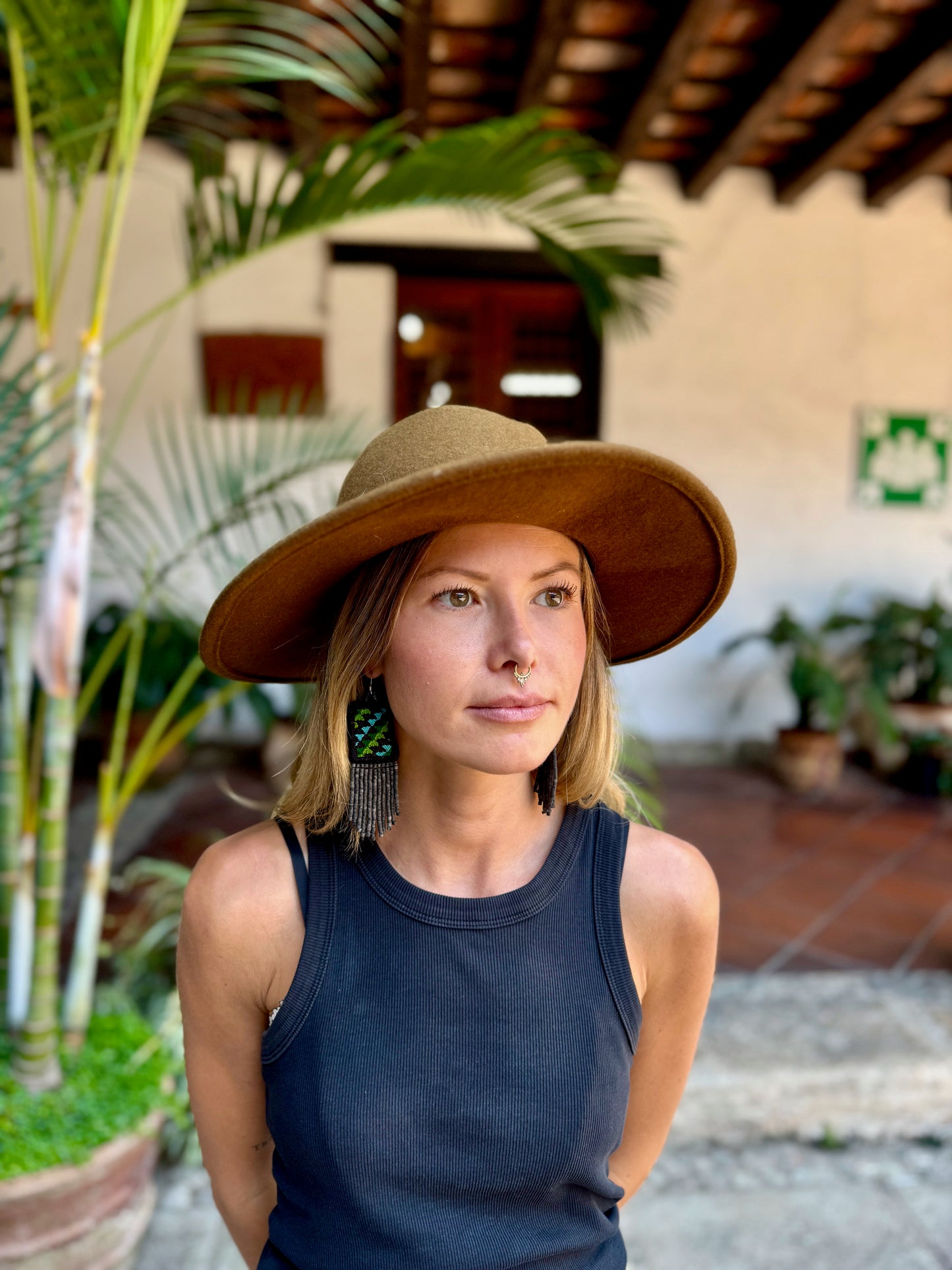 Guatemalan Mayan Textile Statement Earrings with Handmade Clay Beads, medium length, black rectangle