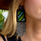 Guatemalan Mayan Textile Statement Earrings with Handmade Clay Beads, medium length, black rectangle