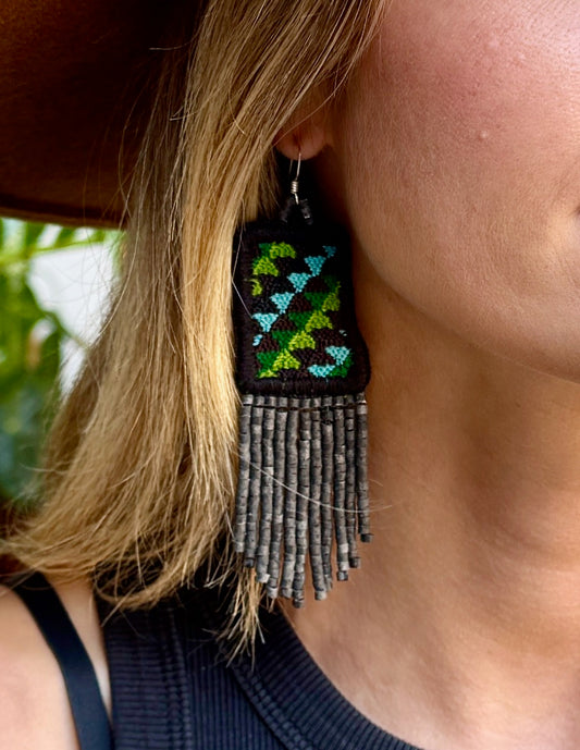 Guatemalan Mayan Textile Statement Earrings with Handmade Clay Beads, medium length, black rectangle