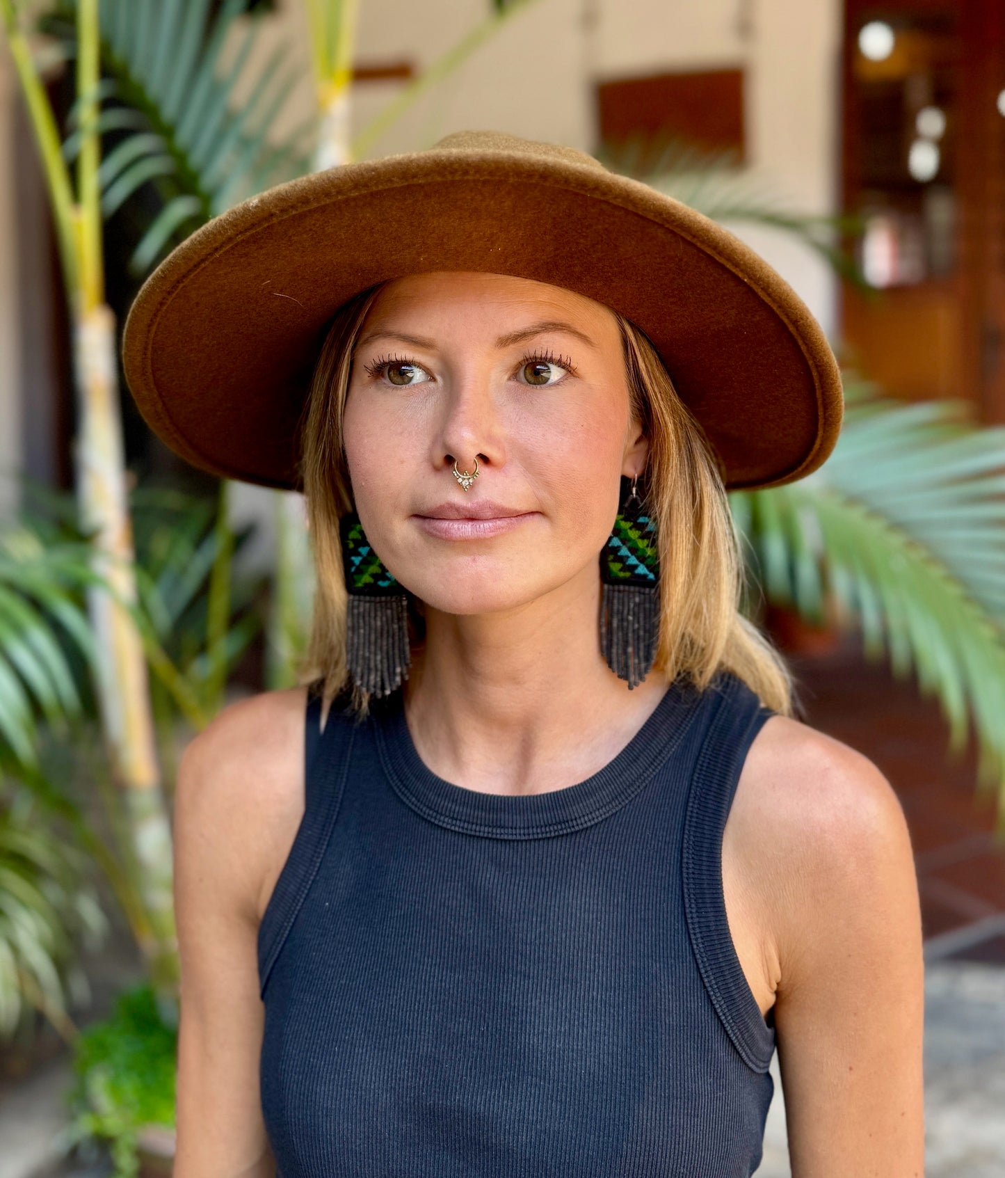 Guatemalan Mayan Textile Statement Earrings with Handmade Clay Beads, medium length, black rectangle