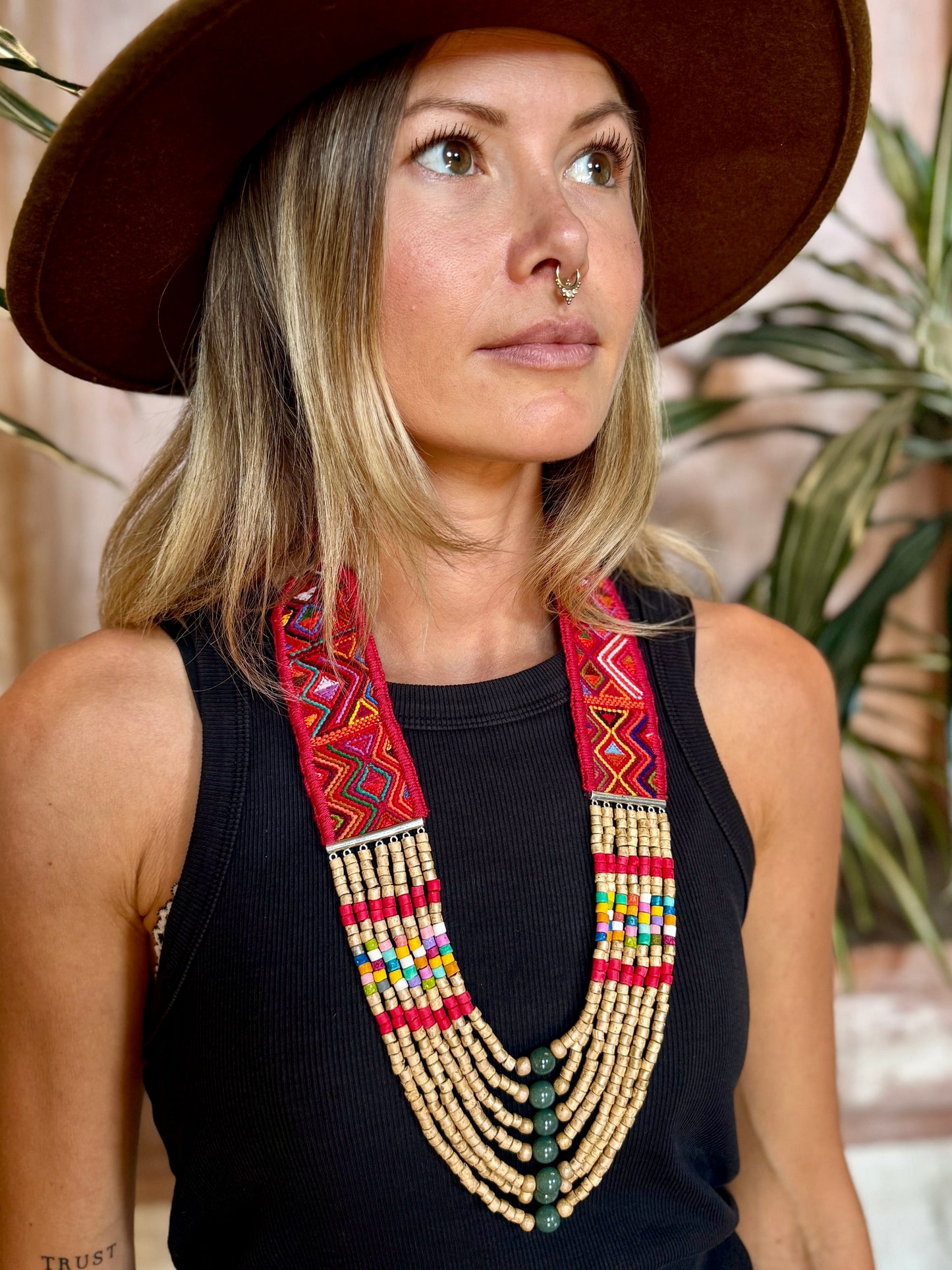 Adjustable Guatemalan Ceremonial Textile Necklace with Jade & Ceramic Beads, red and gold