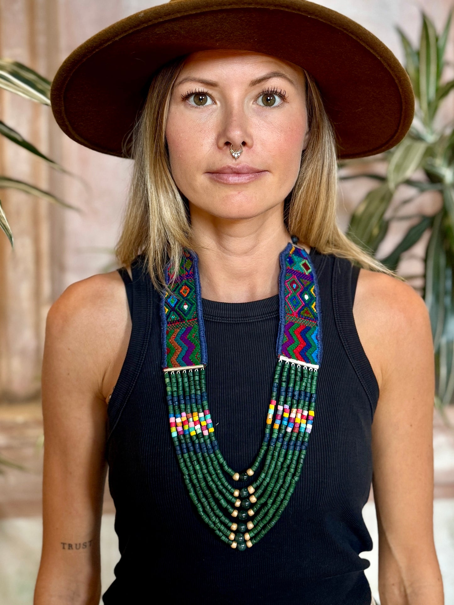 Adjustable Guatemalan Ceremonial Textile Necklace with Jade & Ceramic Beads, seaweed green