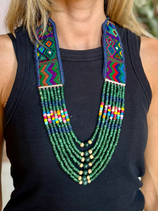 Adjustable Guatemalan Ceremonial Textile Necklace with Jade & Ceramic Beads, seaweed green