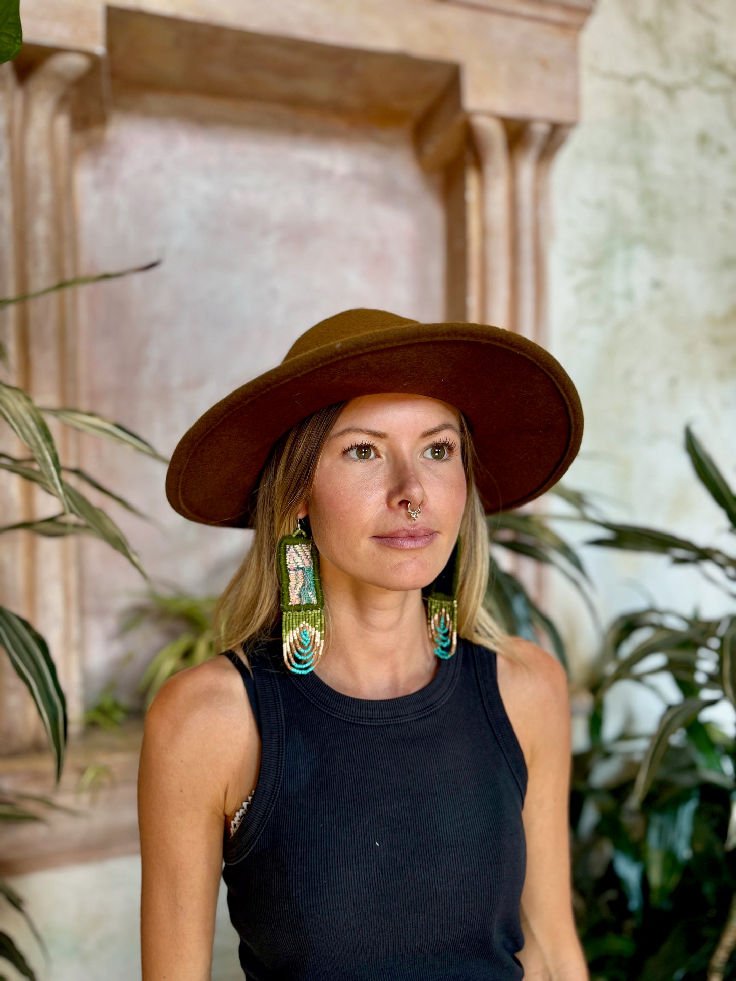 Handmade Beaded Earrings with Vintage Textile from Chichi and Clay Bead Drops, olive rectangle