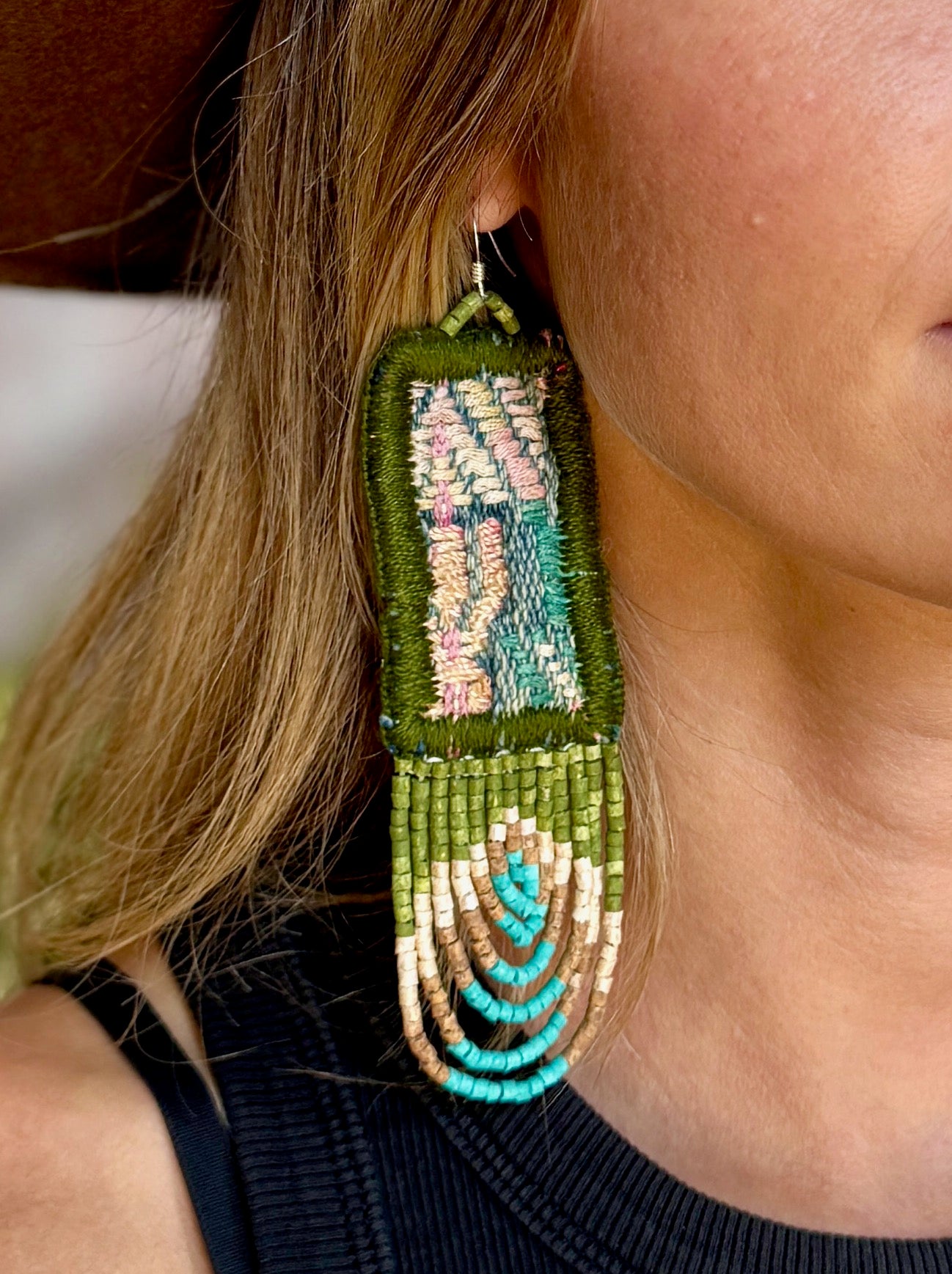 Handmade Beaded Earrings with Vintage Textile from Chichi and Clay Bead Drops, olive rectangle