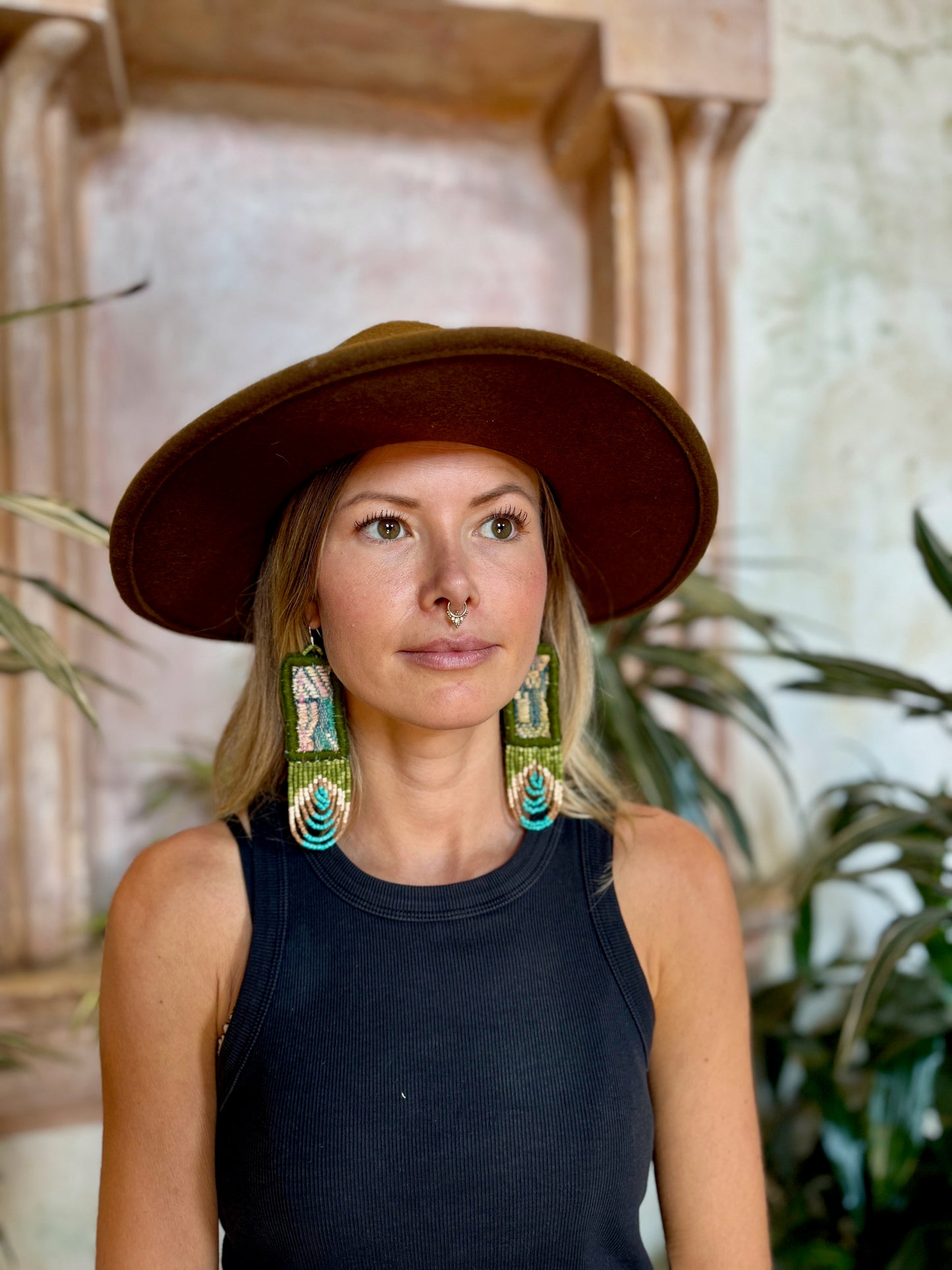 Handmade Beaded Earrings with Vintage Textile from Chichi and Clay Bead Drops, olive rectangle