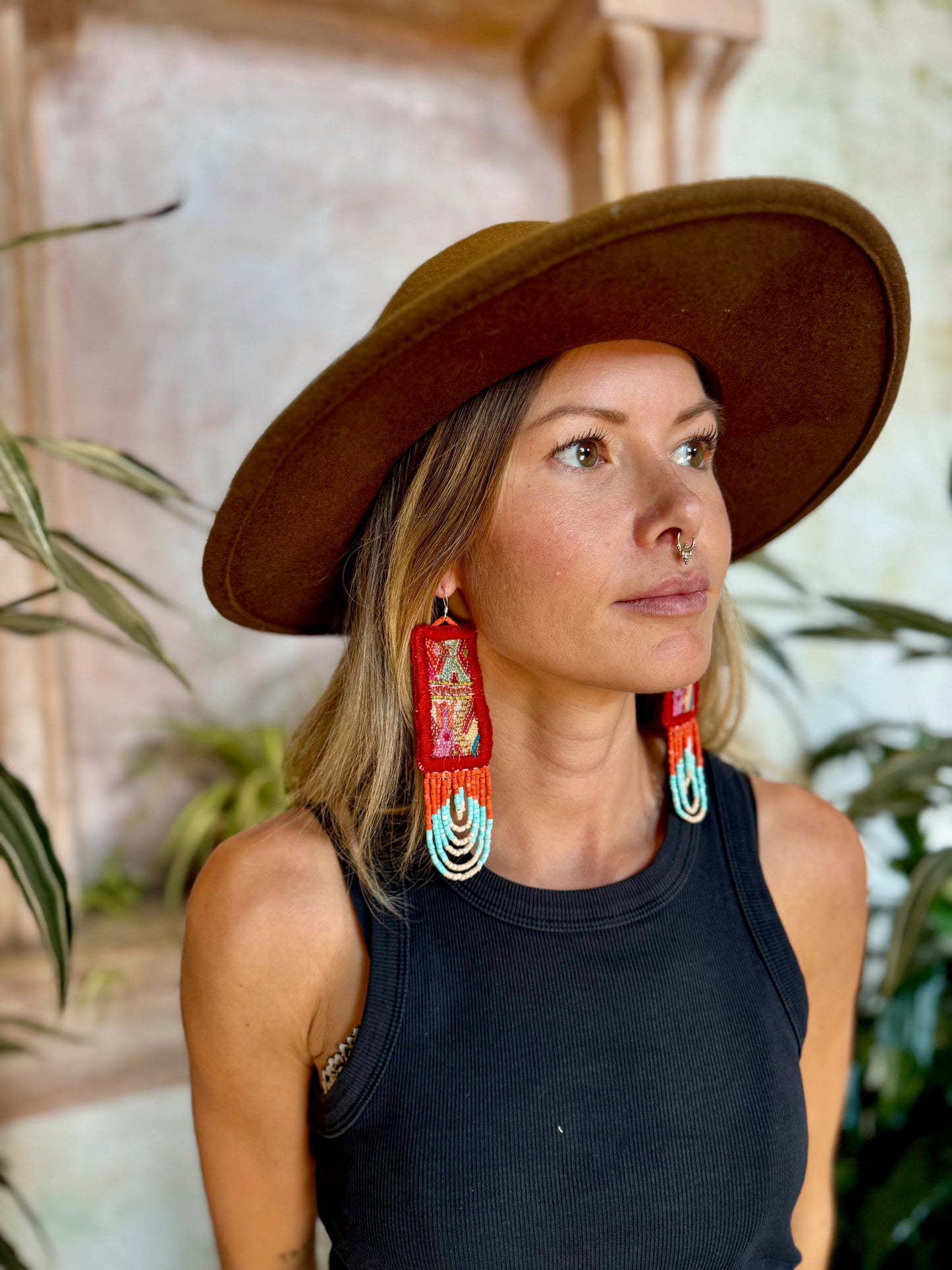 Handmade Beaded Earrings with Vintage Textile from Chichi and Clay Bead Drops, burnt orange rectangle