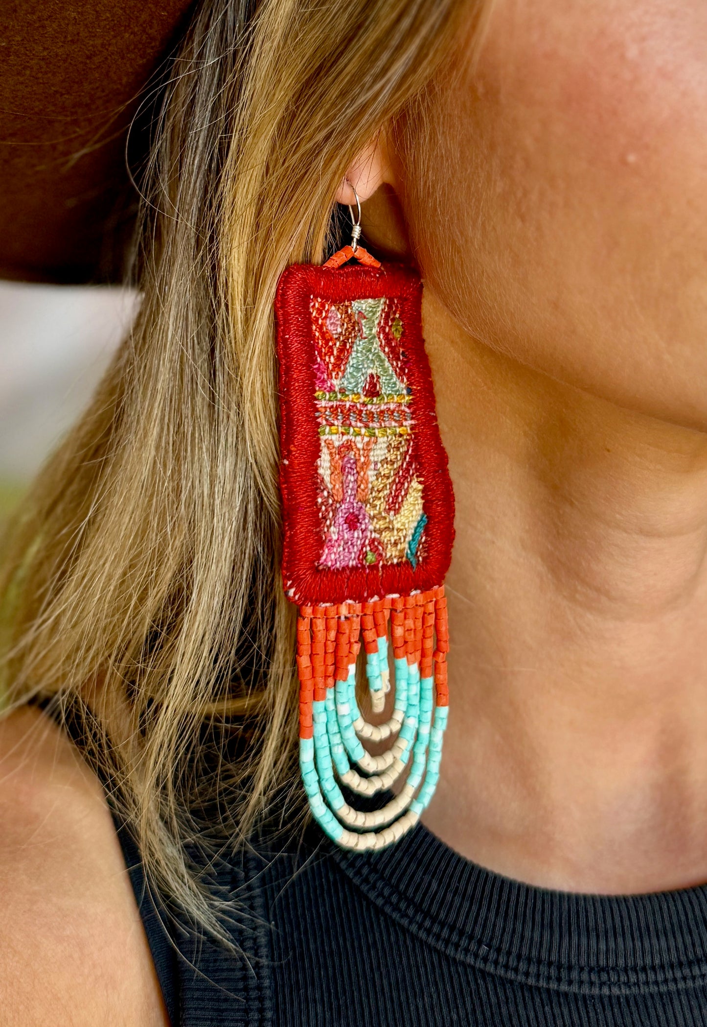 Handmade Beaded Earrings with Vintage Textile from Chichi and Clay Bead Drops, burnt orange rectangle