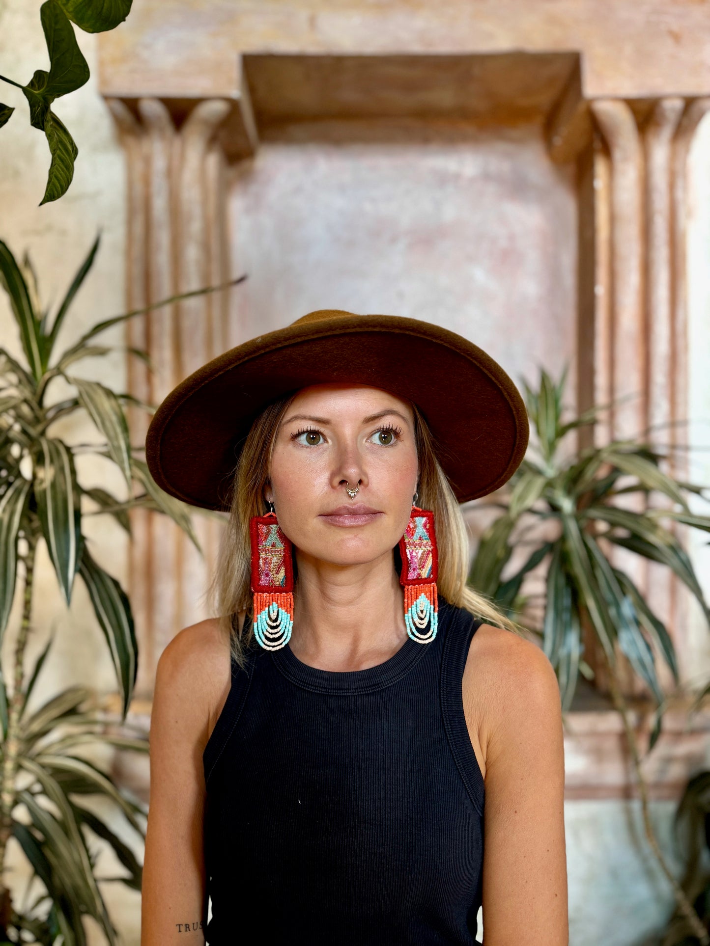 Handmade Beaded Earrings with Vintage Textile from Chichi and Clay Bead Drops, burnt orange rectangle