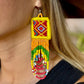 Handmade Beaded Earrings with Ceremonial Textile from Aguacatán and Clay Bead Drops, yellow square