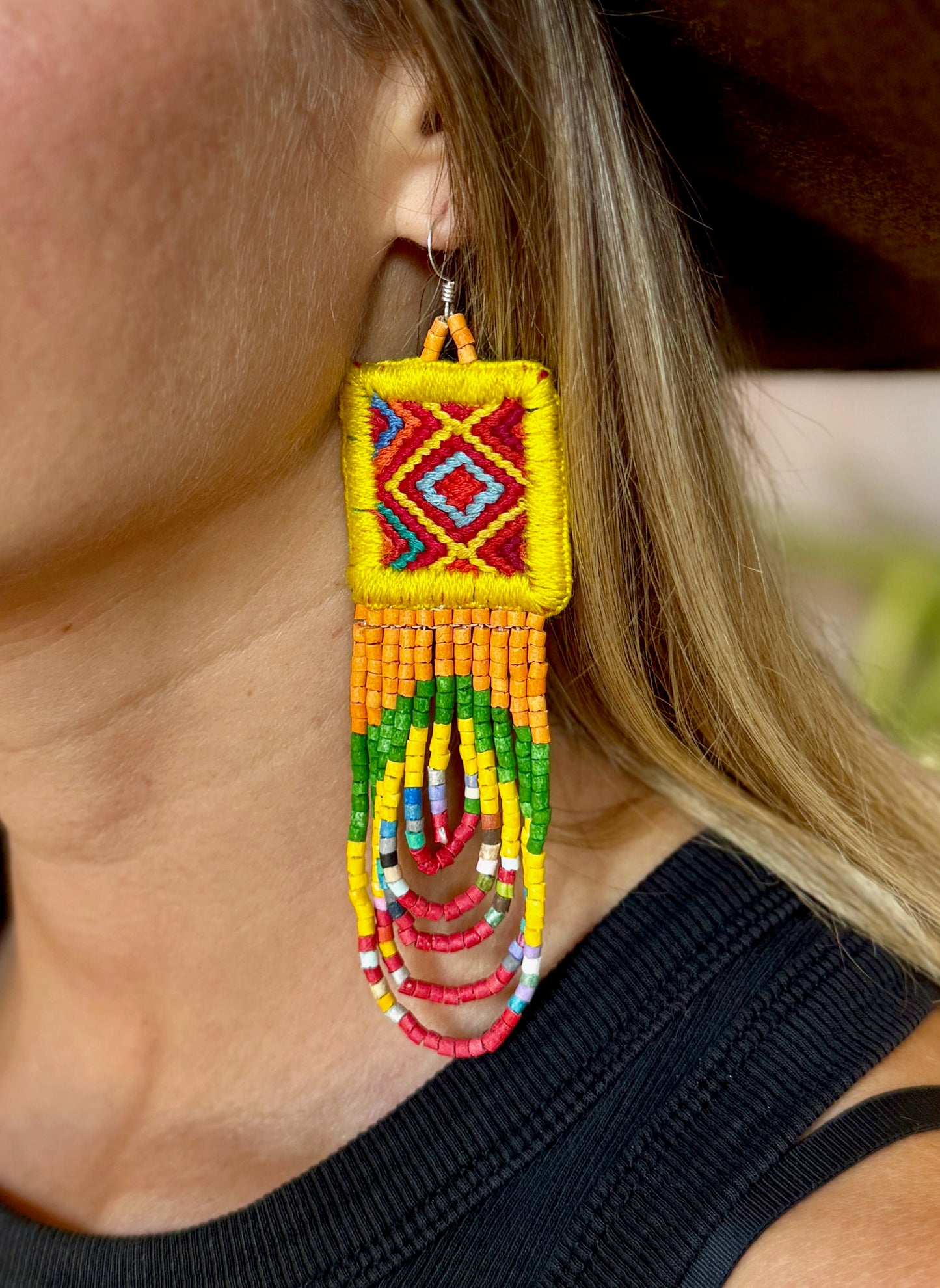 Handmade Beaded Earrings with Ceremonial Textile from Aguacatán and Clay Bead Drops, yellow square