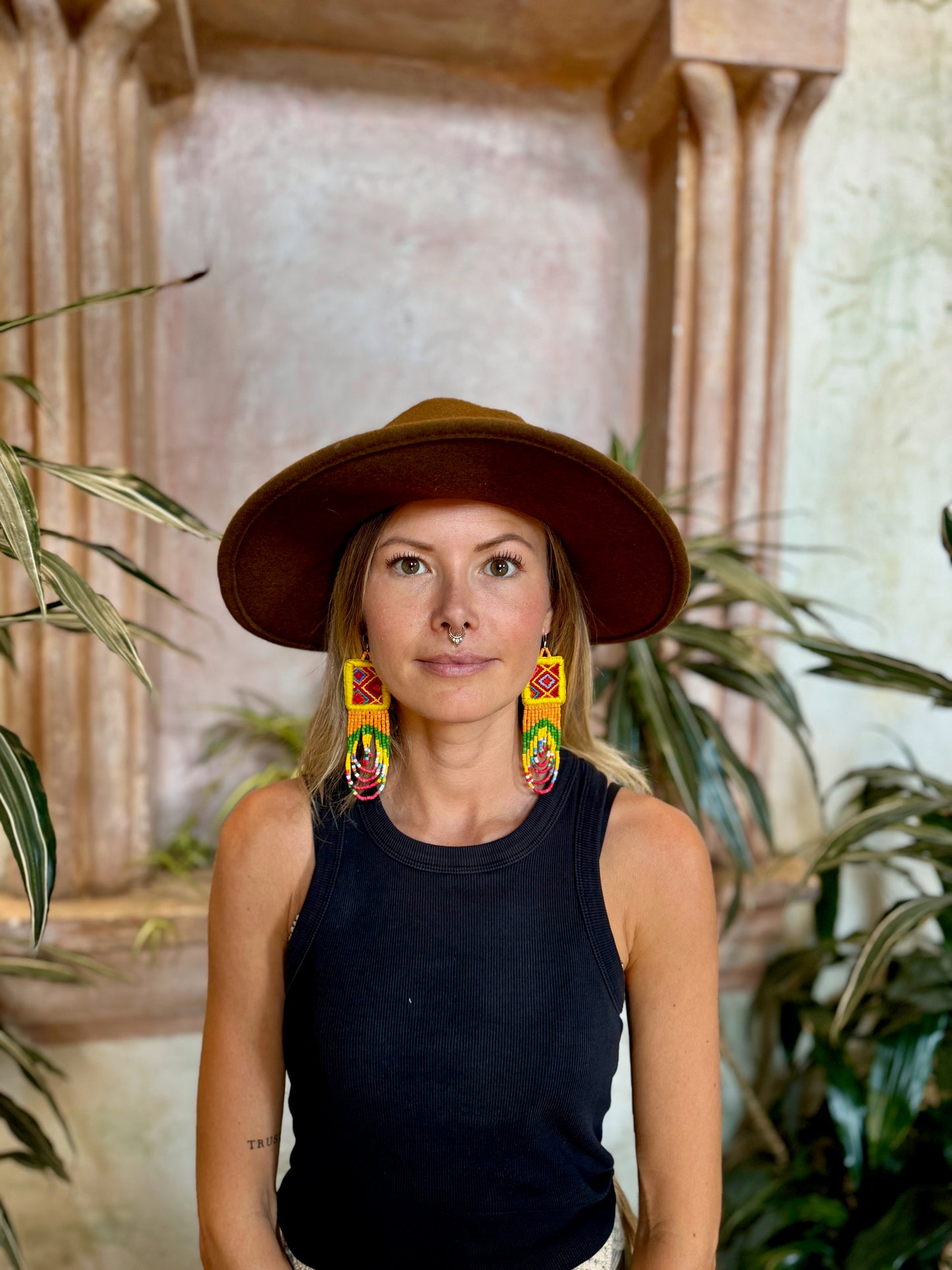 Handmade Beaded Earrings with Ceremonial Textile from Aguacatán and Clay Bead Drops, yellow square