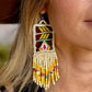 Guatemalan Mayan Textile Statement Earrings with Handmade Clay Beads, medium length, beige rectangle