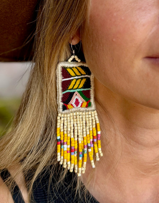 Guatemalan Mayan Textile Statement Earrings with Handmade Clay Beads, medium length, beige rectangle