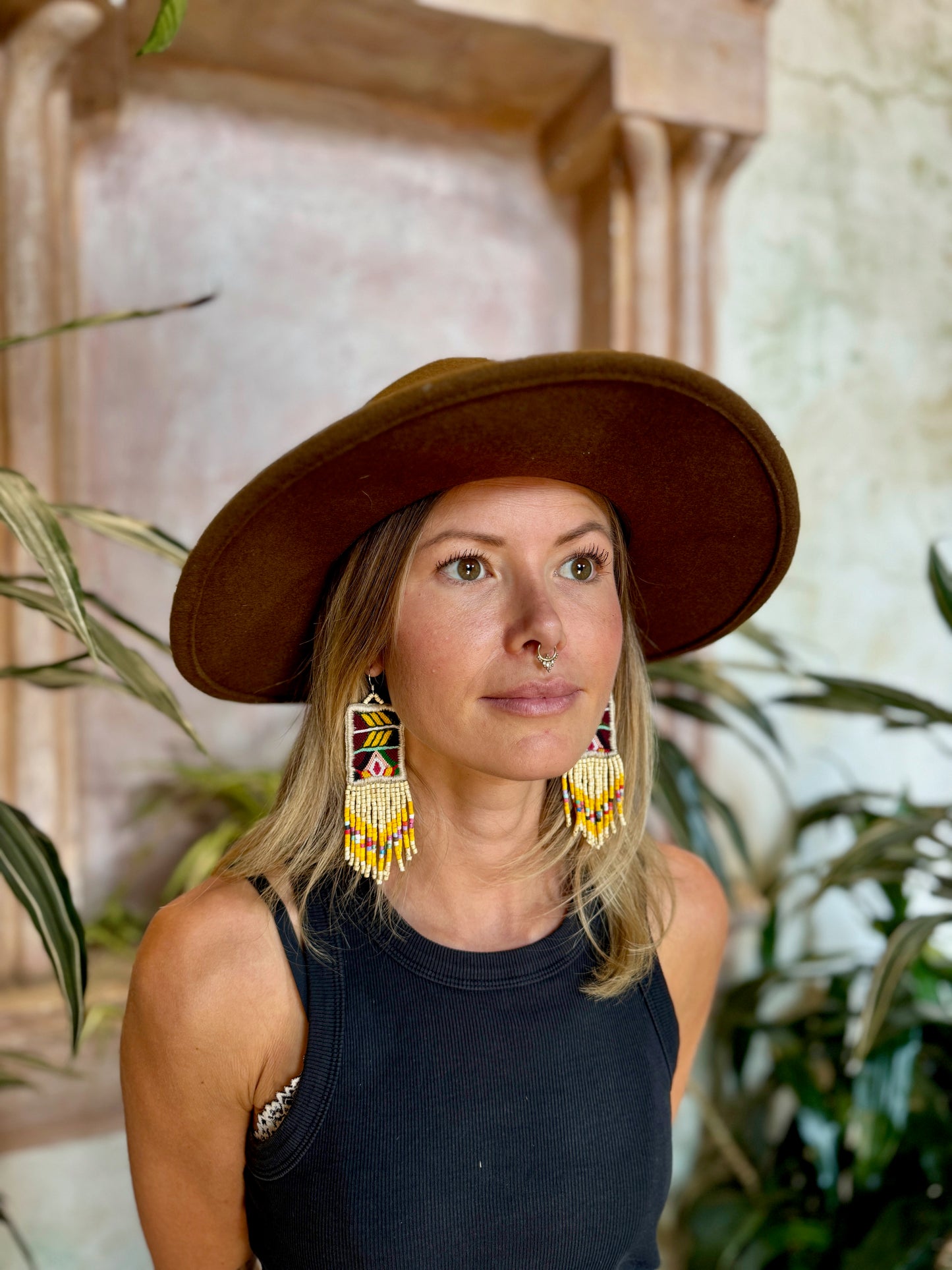 Guatemalan Mayan Textile Statement Earrings with Handmade Clay Beads, medium length, beige rectangle