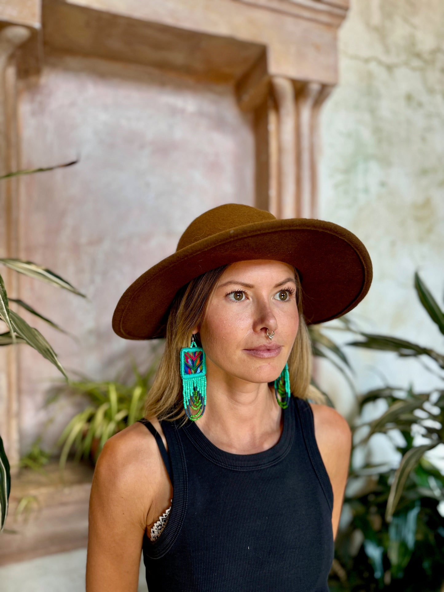 Handmade Beaded Earrings with Ceremonial Textile from Aguacatán and Clay Bead Drops, turquoise square