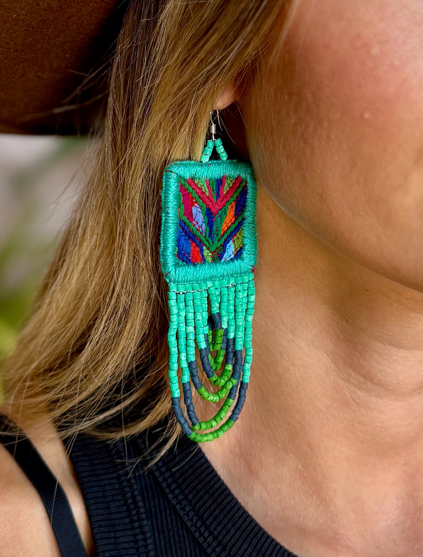 Handmade Beaded Earrings with Ceremonial Textile from Aguacatán and Clay Bead Drops, turquoise square