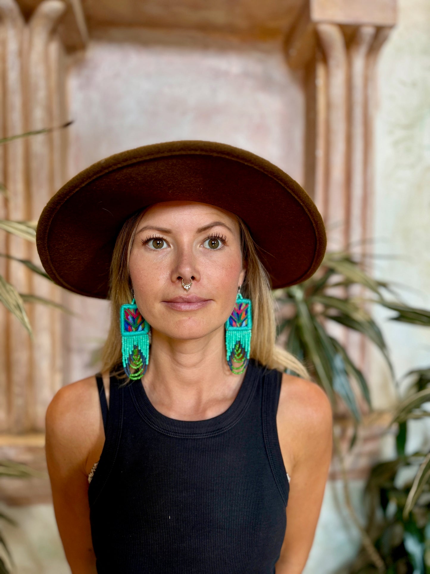 Handmade Beaded Earrings with Ceremonial Textile from Aguacatán and Clay Bead Drops, turquoise square