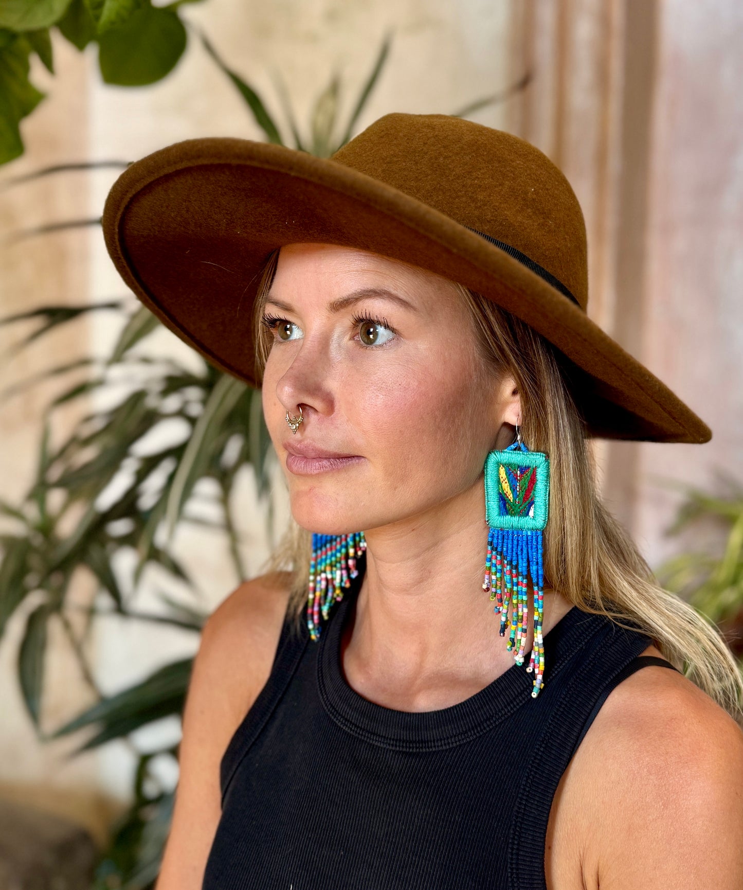 Handmade Statement Earrings with Aguacatán Textile & Graduated Clay Bead Fringe, turquoise square