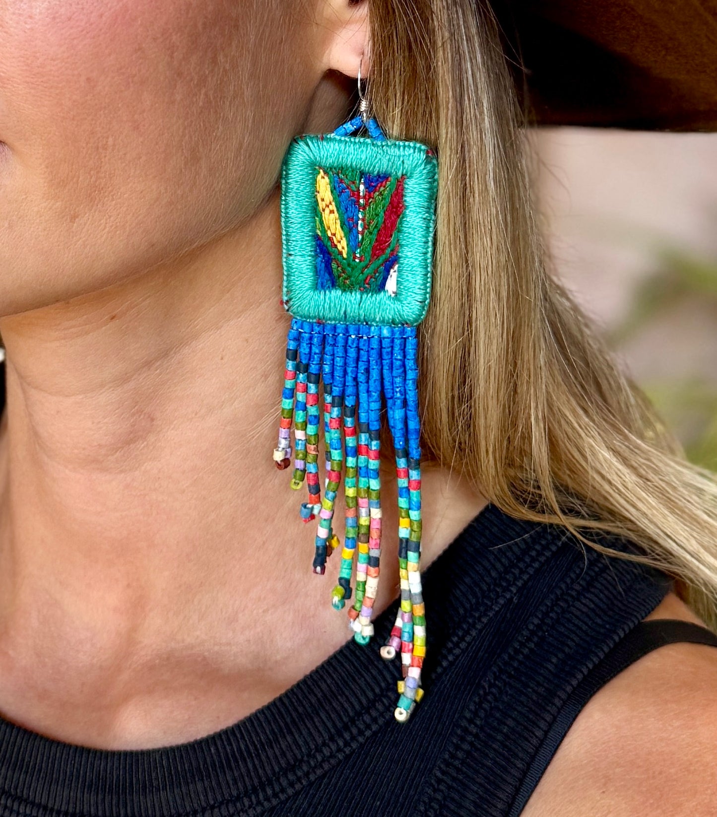 Handmade Statement Earrings with Aguacatán Textile & Graduated Clay Bead Fringe, turquoise square
