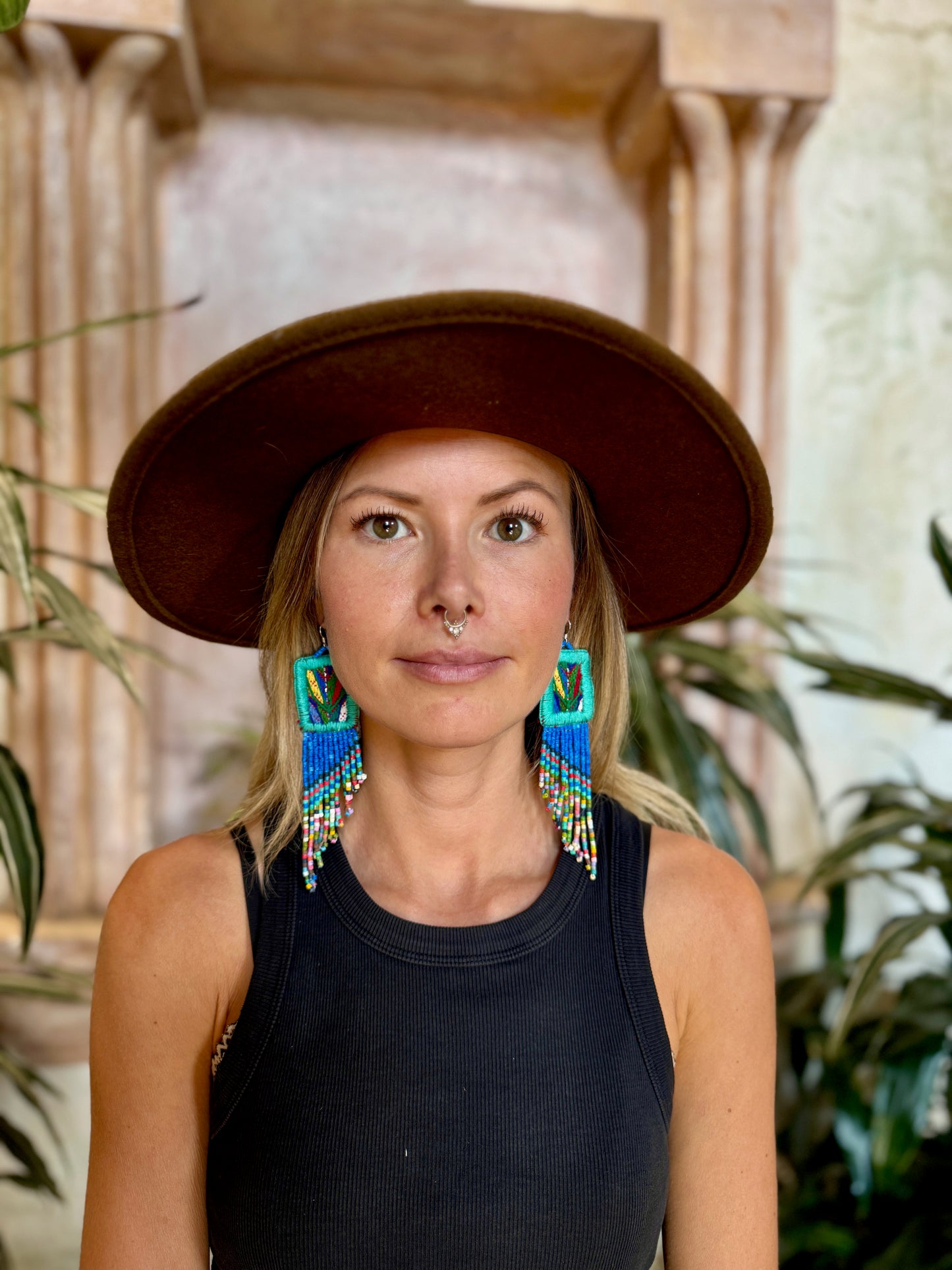Handmade Statement Earrings with Aguacatán Textile & Graduated Clay Bead Fringe, turquoise square