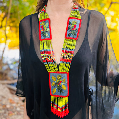 Beaded Long Necklace with Embroidered Birds, Adjustable