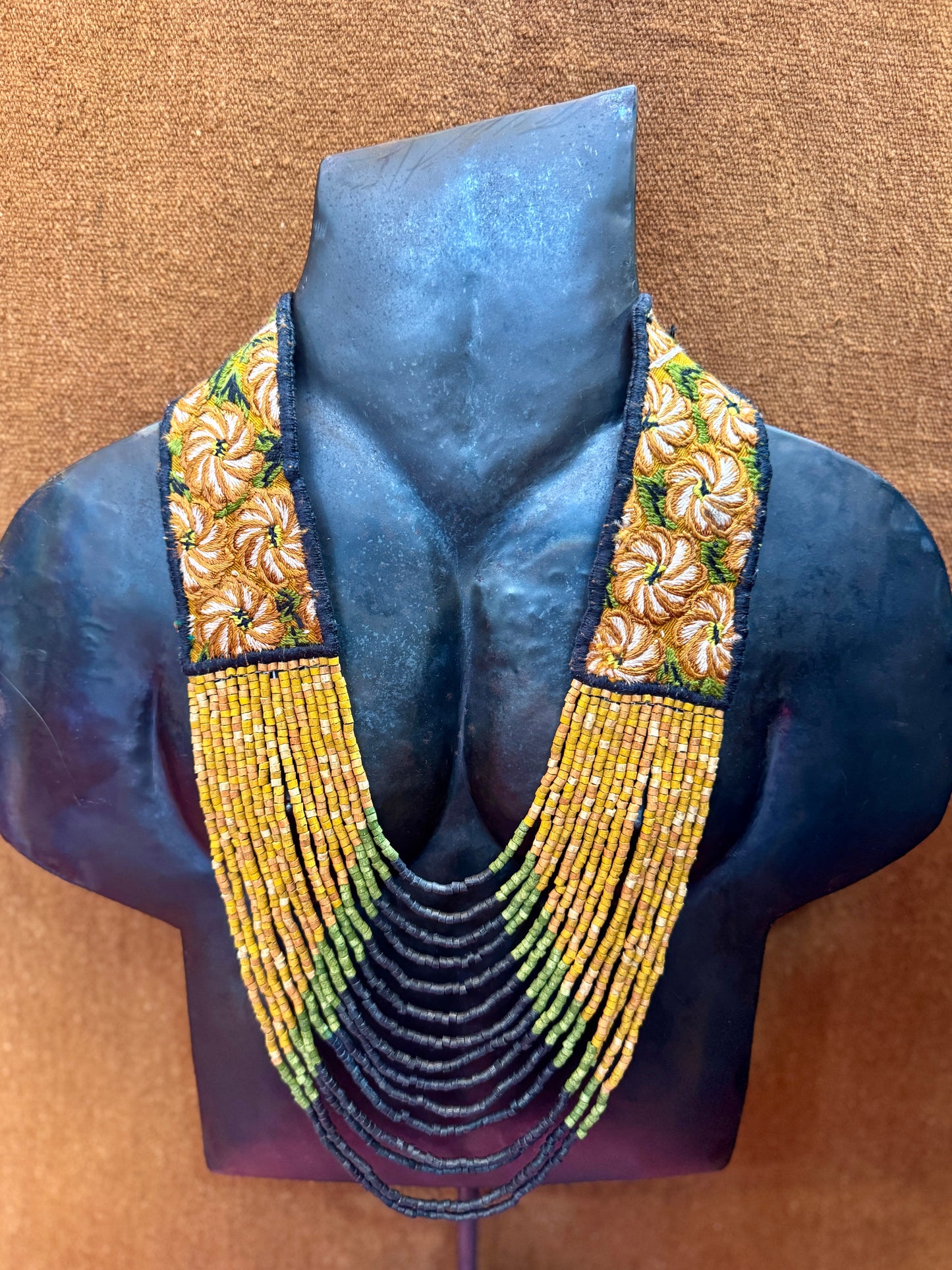 Adjustable Ceramic Beaded Strand Necklace with Patzún Floral Huipil Textile, mustard