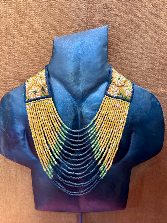 Adjustable Ceramic Beaded Strand Necklace with Patzún Floral Huipil Textile, mustard