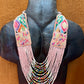 Adjustable Ceramic Beaded Strand Necklace with Vintage Chichi Huipil Textile, pastel pink