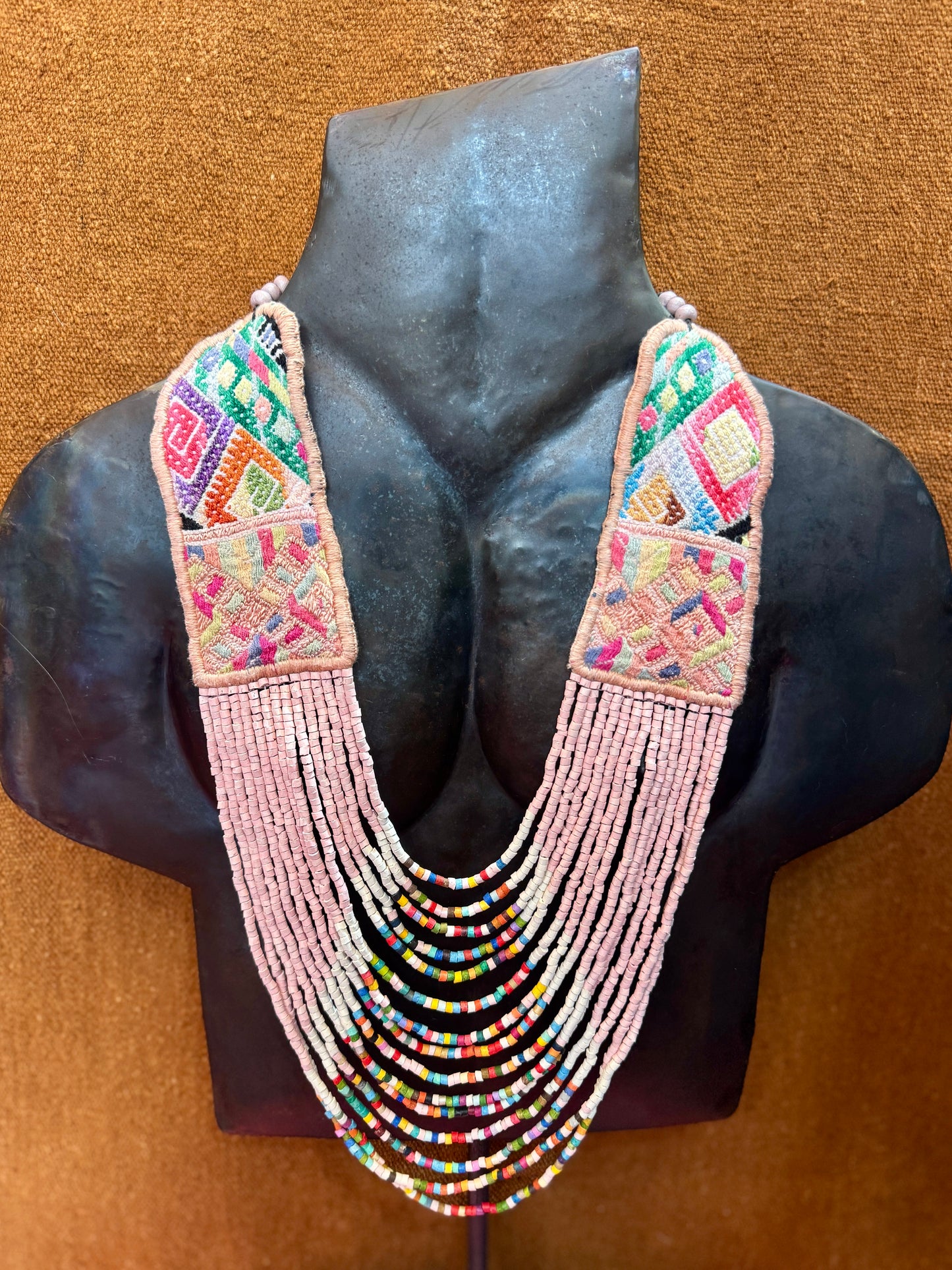 Adjustable Ceramic Beaded Strand Necklace with Vintage Chichi Huipil Textile, pastel pink