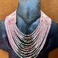 Adjustable Ceramic Beaded Strand Necklace with Vintage Chichi Huipil Textile, pastel pink
