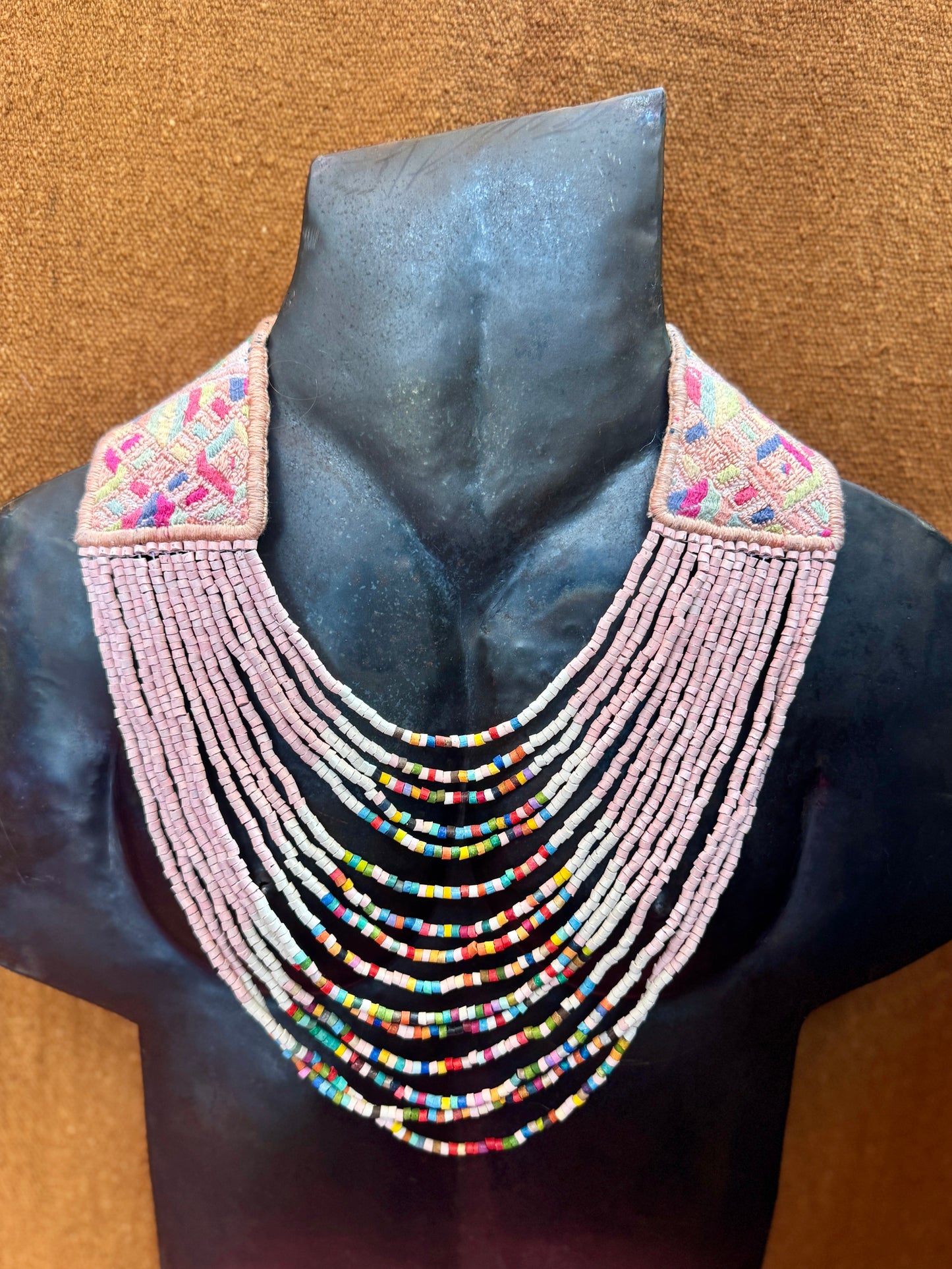 Adjustable Ceramic Beaded Strand Necklace with Vintage Chichi Huipil Textile, pastel pink