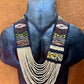 Adjustable Ceramic Beaded Strand Necklace with Vintage Chichi Huipil Textile, gold/black