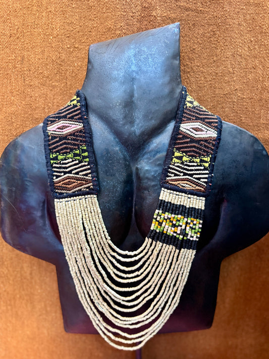 Adjustable Ceramic Beaded Strand Necklace with Vintage Chichi Huipil Textile, gold/black