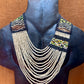 Adjustable Ceramic Beaded Strand Necklace with Vintage Chichi Huipil Textile, gold/black