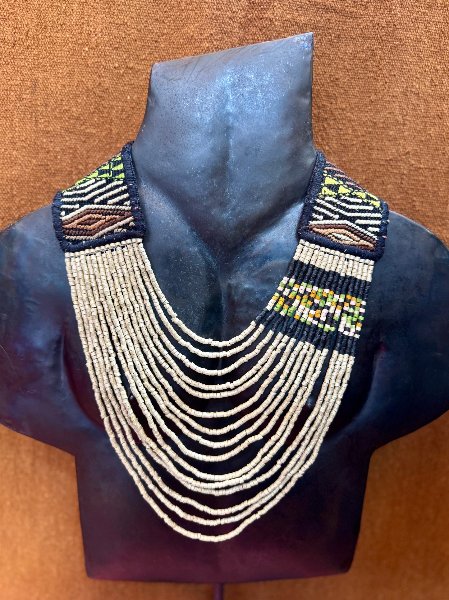 Adjustable Ceramic Beaded Strand Necklace with Vintage Chichi Huipil Textile, gold/black