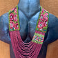 Adjustable Ceramic Beaded Strand Necklace with Patzún Floral Huipil Textile, magenta