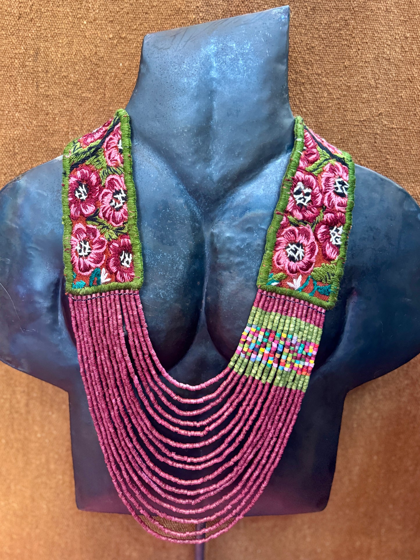 Adjustable Ceramic Beaded Strand Necklace with Patzún Floral Huipil Textile, magenta