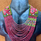 Adjustable Ceramic Beaded Strand Necklace with Patzún Floral Huipil Textile, magenta