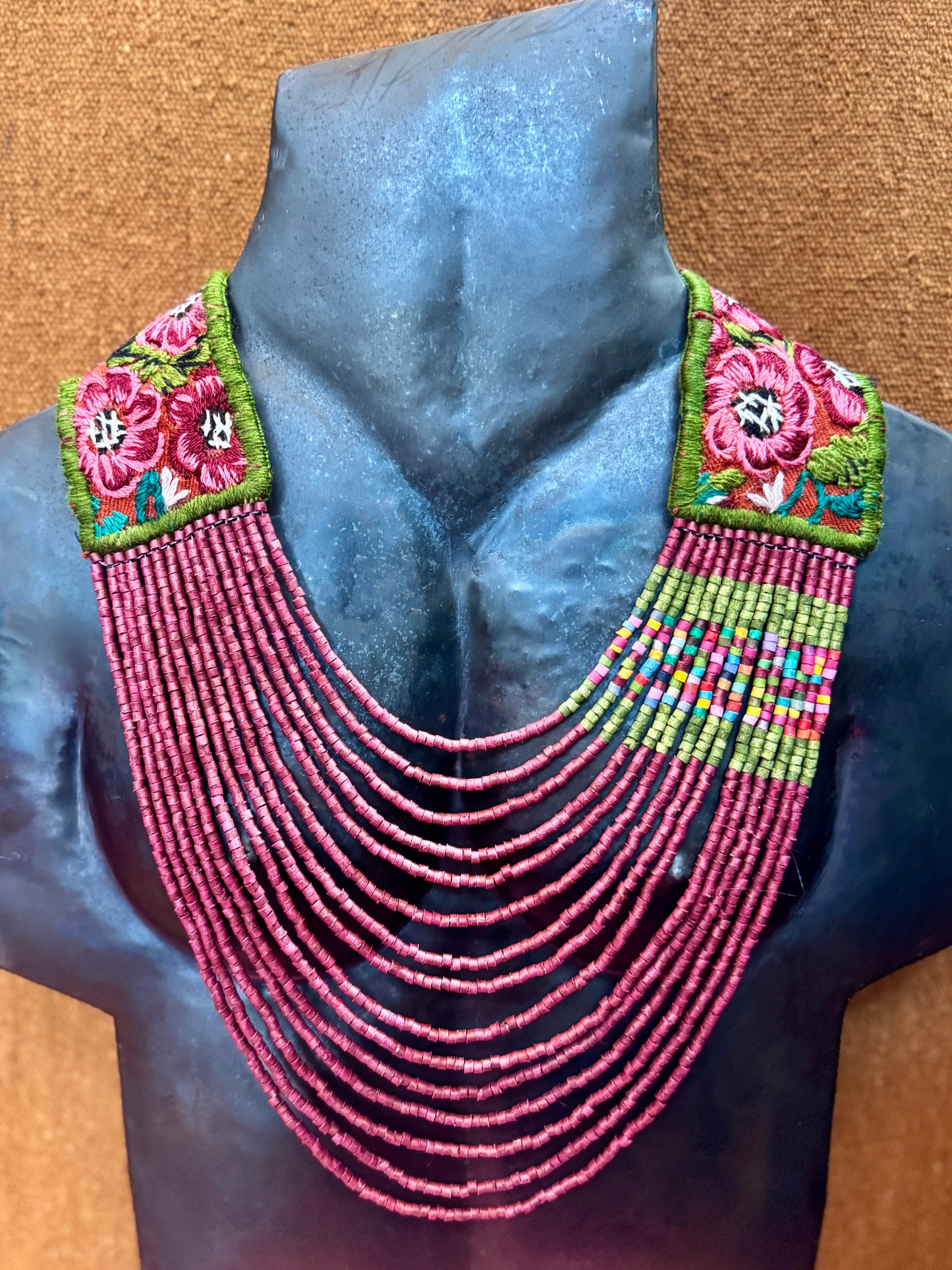 Adjustable Ceramic Beaded Strand Necklace with Patzún Floral Huipil Textile, magenta