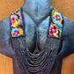Adjustable Ceramic Beaded Strand Necklace with Patzún Floral Huipil Textile, black