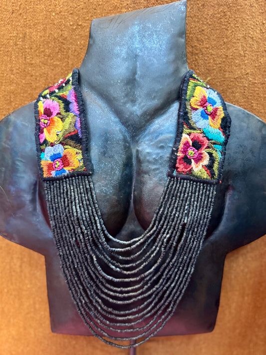 Adjustable Ceramic Beaded Strand Necklace with Patzún Floral Huipil Textile, black