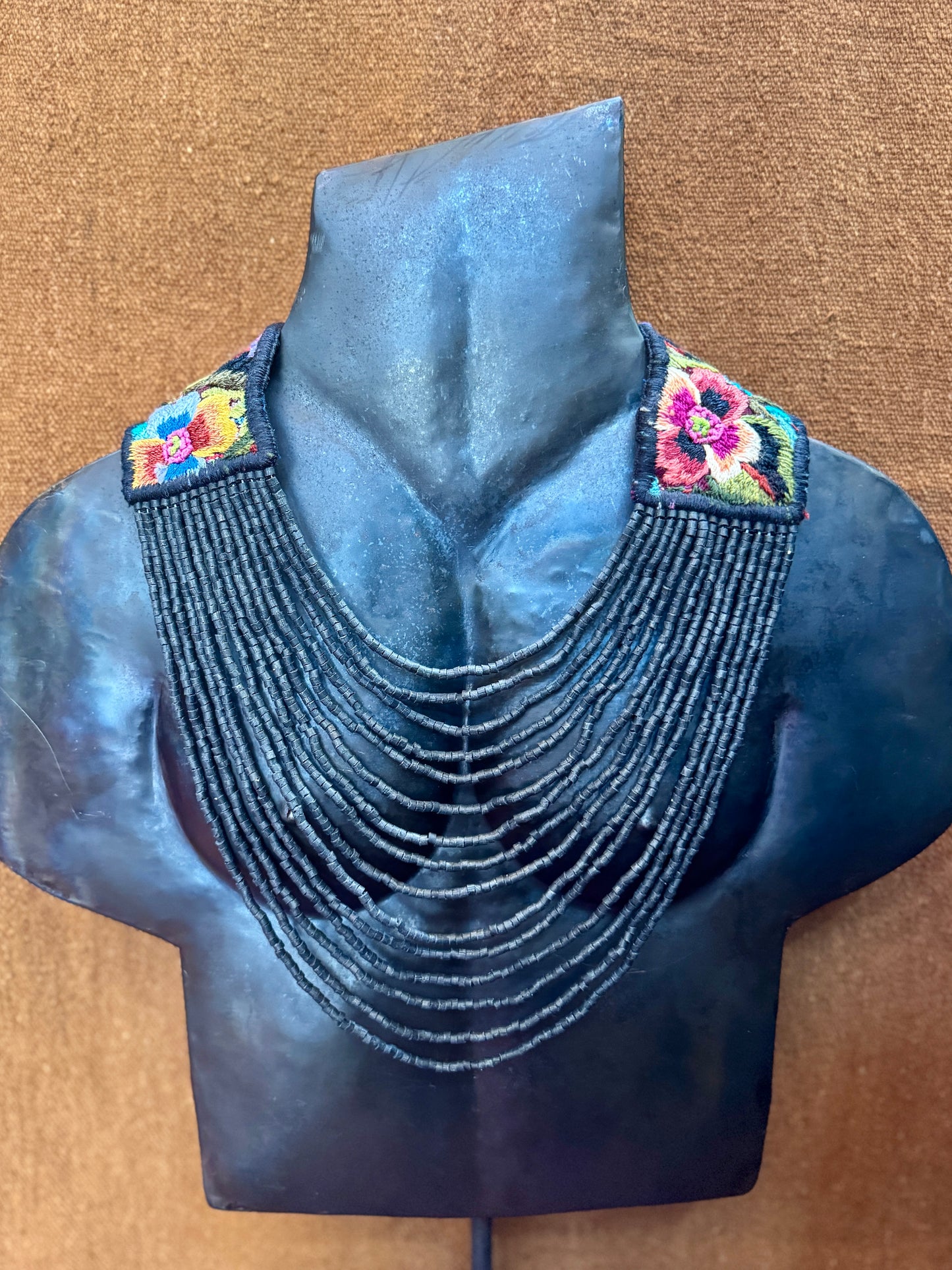 Adjustable Ceramic Beaded Strand Necklace with Patzún Floral Huipil Textile, black