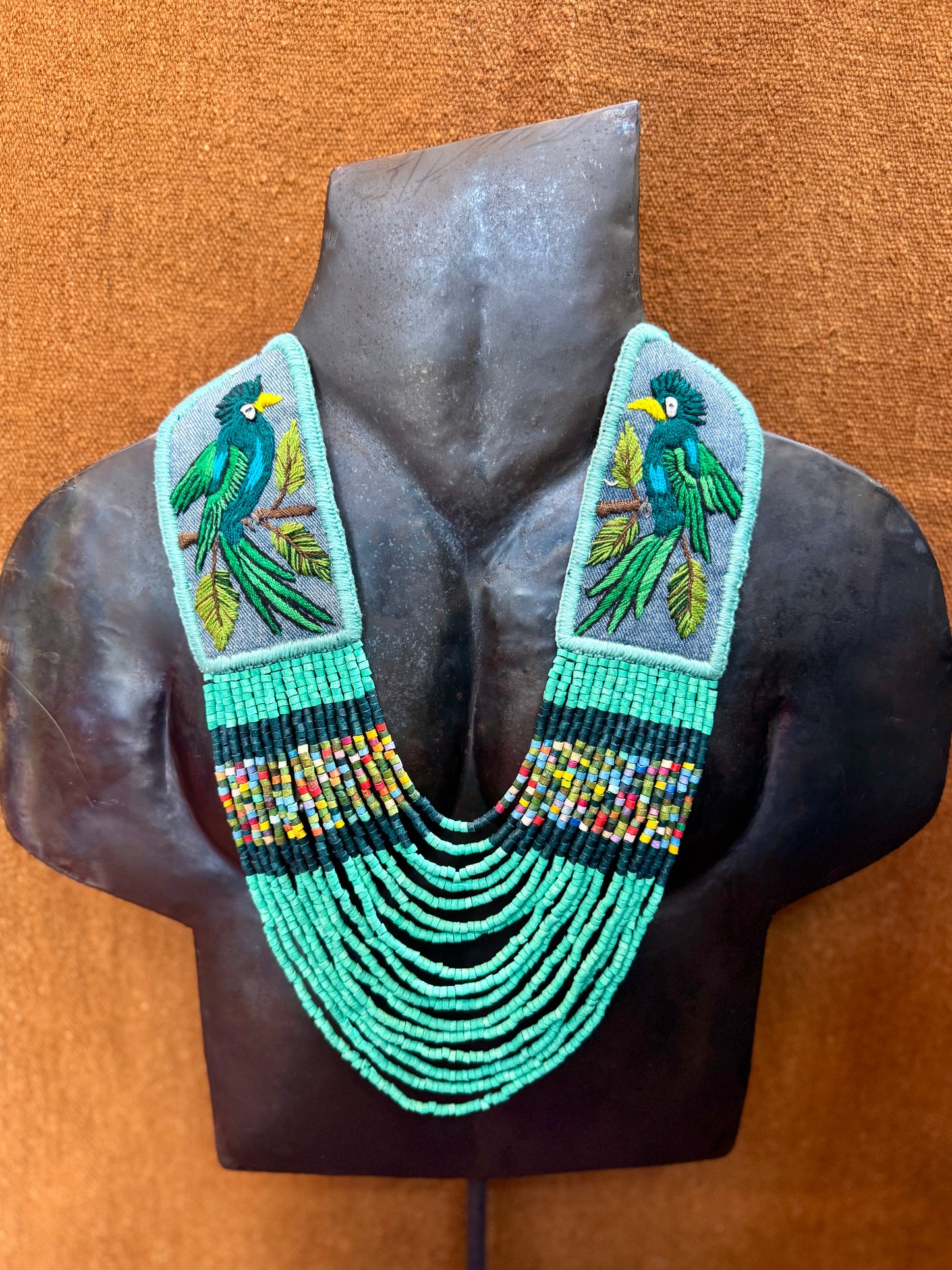 Adjustable Necklace with Guatemalan Bird Quetzal Embroidery from Santiago with Ceramic Beads, turquesa