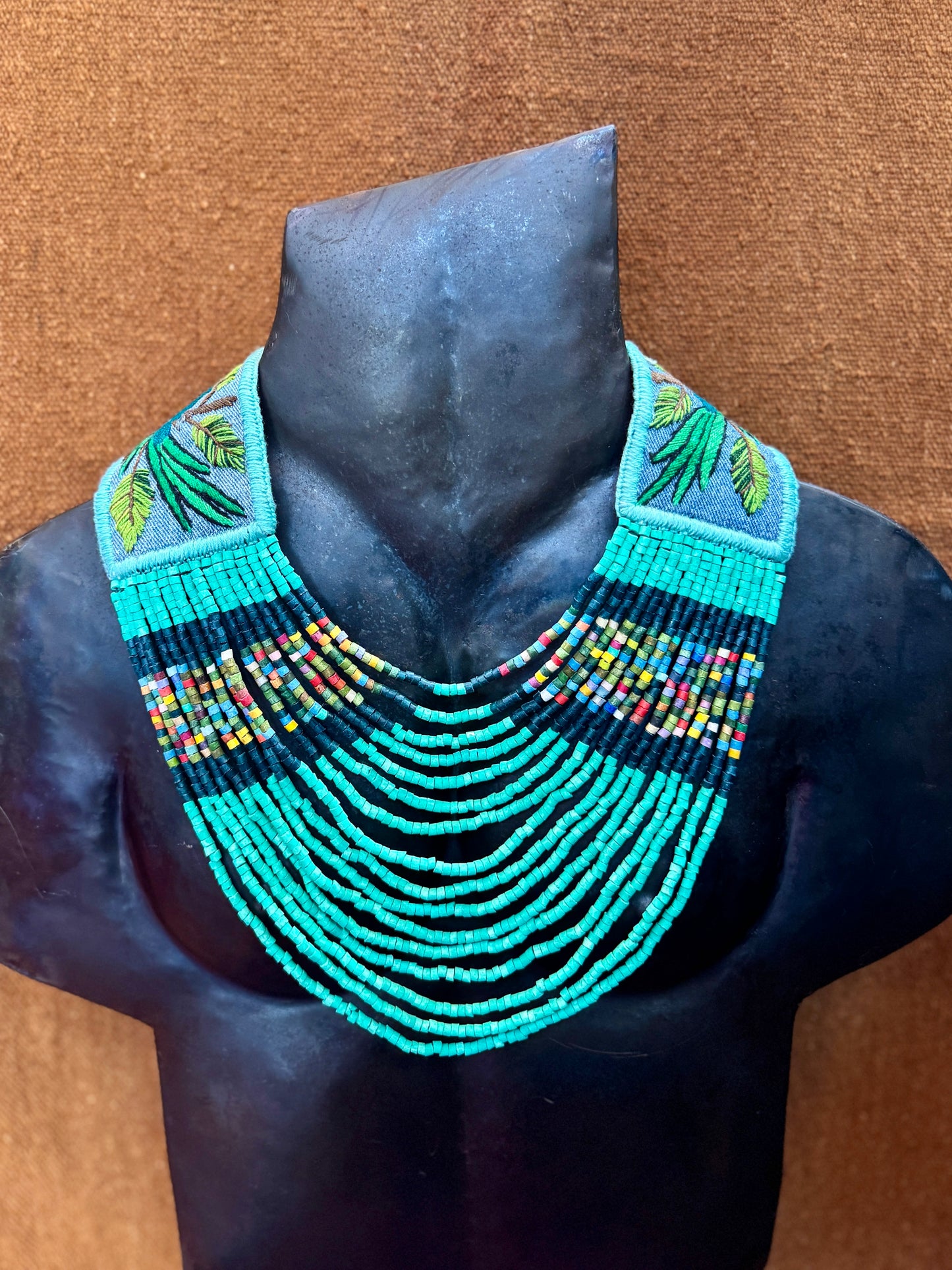 Adjustable Necklace with Guatemalan Bird Quetzal Embroidery from Santiago with Ceramic Beads, turquesa