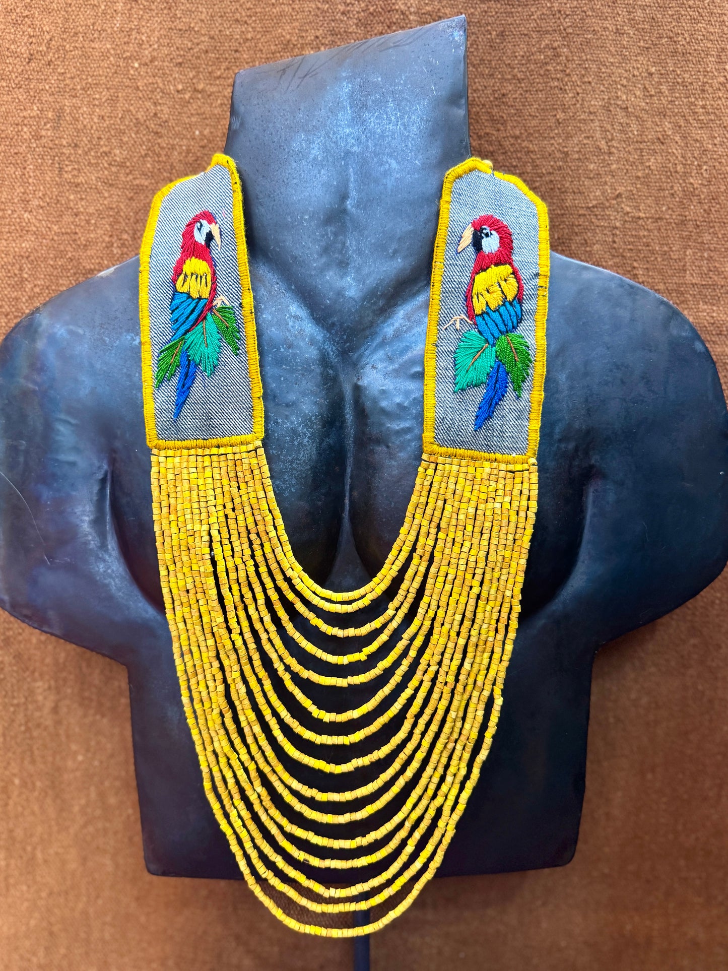 Adjustable Necklace with Guatemalan Bird Guacamaya Embroidery from Santiago with Ceramic Beads, yellow