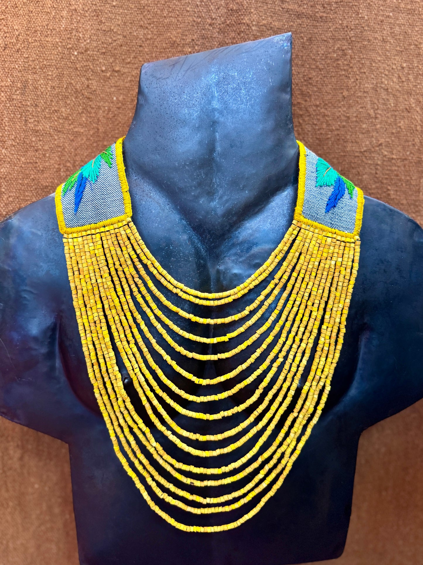 Adjustable Necklace with Guatemalan Bird Guacamaya Embroidery from Santiago with Ceramic Beads, yellow