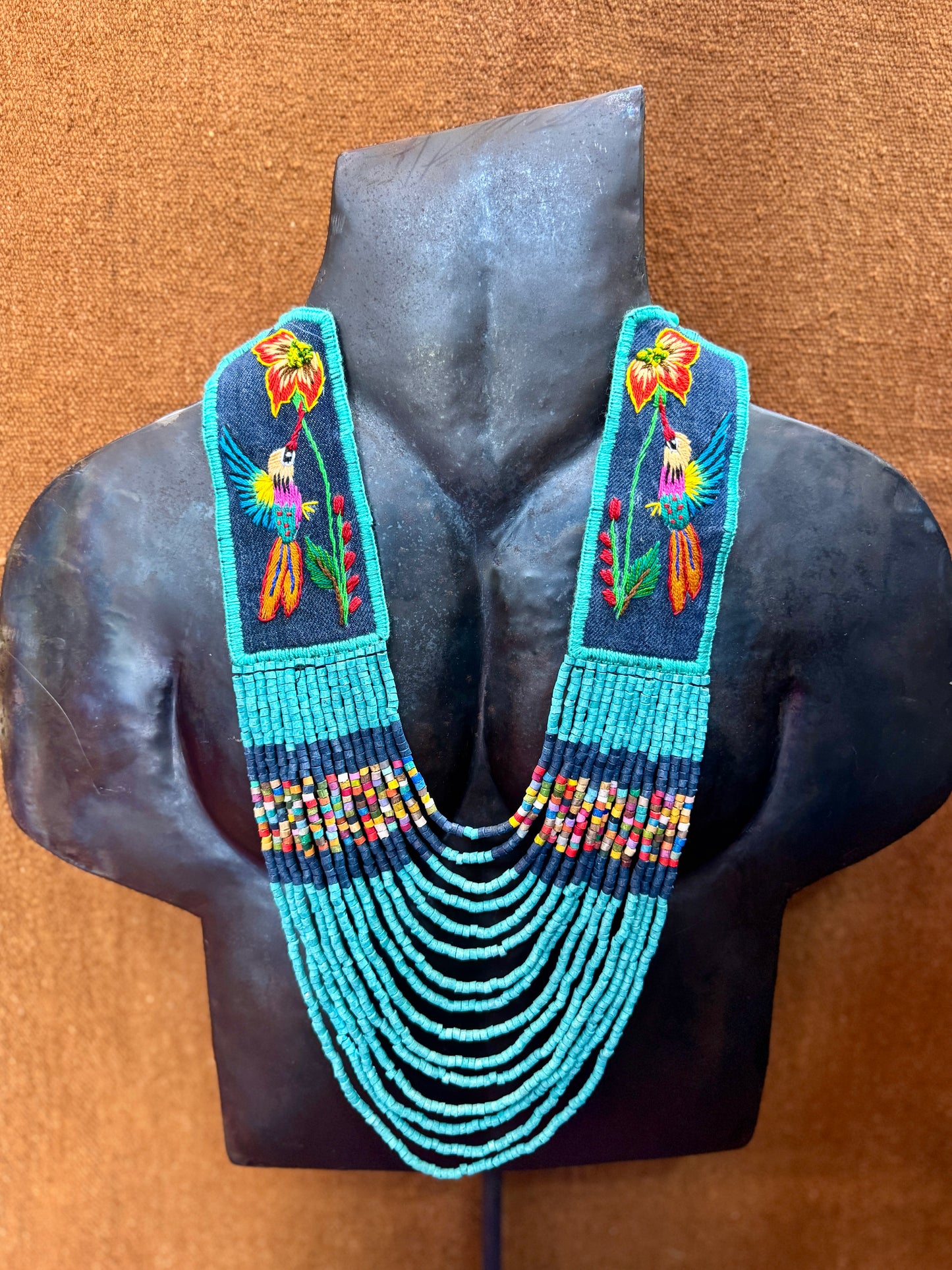 Adjustable Necklace with Guatemalan Bird Colibri Embroidery from Santiago with Ceramic Beads, celeste